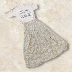 ディスコート　ロングワンピース　花柄　ウエストゴム　グレーグリーンフリーサイズ