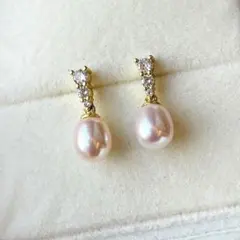 本真珠ピアス 無調色 無核　パールホワイトピンク　czダイヤ　ドロップピアス
