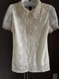アイボリー レース パール襟 半袖ブラウス