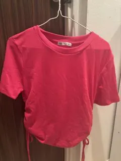 ZARA ピンク リブTシャツ ドローストリング付き