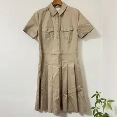 【美品】ナチュラルビューティー シャツワンピース ベージュ プリーツ
