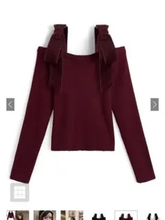 GRL ベロアリボンオフショルダーリブニットトップス[pm812] ボルドー 赤