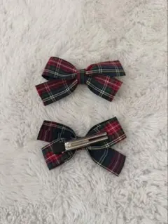 チェック柄リボンヘアピン2個セット
