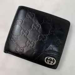 GUCCI グッチ シマレザー 二つ折り財布 GG柄 コインケース付 黒