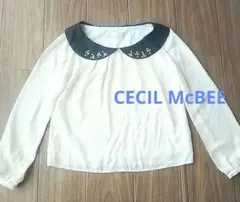 CECIL McBEE ビジュー襟 シフォンブラウス 白×黒 セシルマクビー M