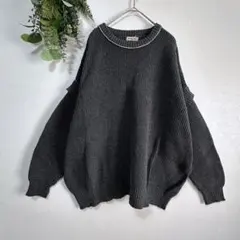 配色リンキングクルーネックニット チャコールグレー コットン セーター SM2