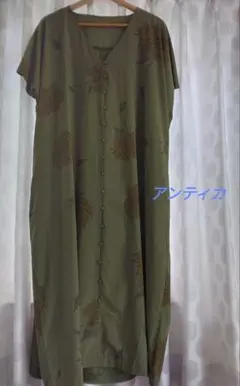 アンティカ/グリーン 花柄 Vネック 半袖ワンピース　F　⭐値下げしました⭐