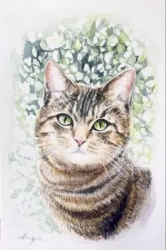 【原画】猫と白い花の透明水彩画　一点物・手描き｜北欧ナチュラル・癒しインテリア
