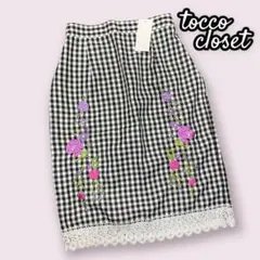 新品【トッコクローゼット】黒ギンガムチェック花柄刺繍タイトスカート裾レースM