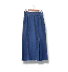 エメルリファインズ デニム ロングスカート S 青 フリンジ スリット Iライン