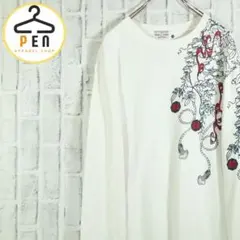 【レトロ古着】和柄ロンT 長袖Tシャツ クラシック 花柄 蔓 オフホワイト Lのサムネイル