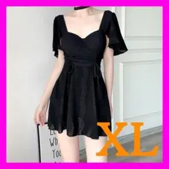 水着　レディース　ブラック　黒　ワンピース　XL　ふりふり　スイムウェア　韓国