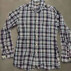 美品 ユニクロ リネンブレンド チェックシャツ 長袖 ネイビー M 肩幅40着丈