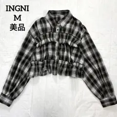 美品 INGNI イング チェックフリルブラウス 長袖 ブラック M ショート丈
