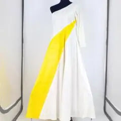 【フラダンス用衣装 ベロア生地】ホワイト＆イエロー ワンショルダー ワンピース
