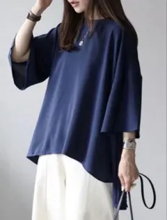 【新品】BONJOUR SAGAN ドレープ半袖ブラウス／ネイビー 半袖のサムネイル
