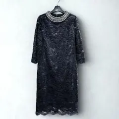 総レース ワンピース 11号 パールビジュー 黒 フォーマル オケージョンドレス