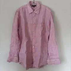 ユニクロ　PREMIUM LINEN ストライプ 長袖シャツ ピンク Sのサムネイル