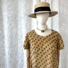 小花柄コーデュロイワンピース ベージュ 半袖 ミニ丈 フレア レトロ クラシカル