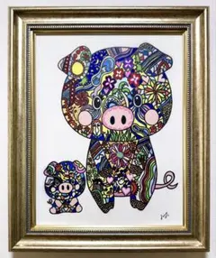 F10号】ジミー大西【まねきねこ】手描き作品/表裏サイン有/油彩/高級額