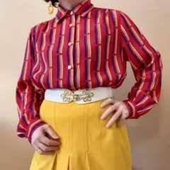 パターン柄 扇子 ボウタイリボンブラウス 昭和レトロ ヴィンテージ
