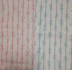 ストライプ　リボン柄綿生地 　ピンク　ブルー