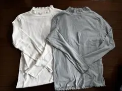 2枚セット　リブ編み　ハイネック　長袖トップス（ホワイト・グレー）　春　秋　L