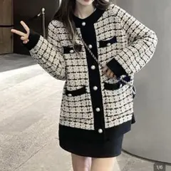 ツイード風 ニットカーディガン ブラック ホワイト 長袖 秋SHEIN