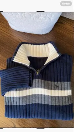 RALPH LAUREN ハイネックネックジップ付き リブボーダーリブ編みニット