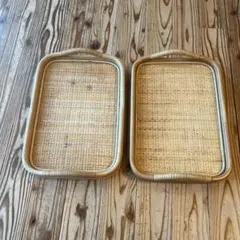 ラタン トレー 2枚セット 籐 お盆 昭和レトロ カフェトレー 持ち手付き