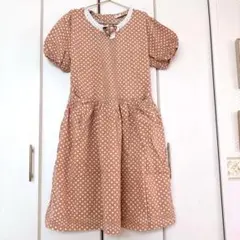 茶ピンク色の水玉模様 半袖ワンピース