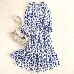 ザラ ZARA 花柄ティアードロングワンピース 白 ブルー 青 大きめM 綿