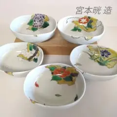 九谷焼 宮本晄 絵変わり 皿揃 五枚 共箱 八角皿 図変 絵変 銘々皿 茶道具 九谷焼 宮本晄 絵変わり 皿揃 五枚 共箱 八角皿 図変 絵変 銘々