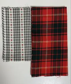 チェック薄手ウール生地2種セット　チューリップブラック　タータンレッド　はぎれ