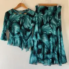 社交ダンス 上下セット セットアップ フレアスカート M シースルー グリーン系