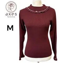 axes femme リブニット 長袖 レース ビーズ 薔薇装飾 ワインレッド