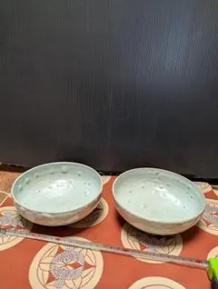 レトロ淡い青色の陶器皿印あり2個セット
