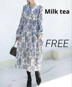 ミルクティー　ダマスク柄ティアードワンピース　授乳服　マタニティ　ブルー　青のサムネイル