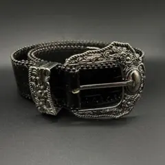ベルト　クロコダイル　メンズ　ウエスタン　ブラック　シルバー　レトロ　バックル