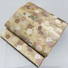 B 美品 唐織 蝶々に花々模様 金糸 正絹 六通 袋帯 フォーマル O7