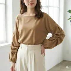 ナイスクラップ 袖ギャザー ボリューム袖 ブラウス キャメル スエード調 F