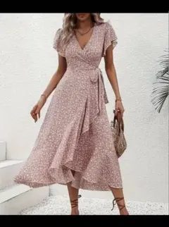 フラワープリント ラップドレス Lサイズ ピンクレッド