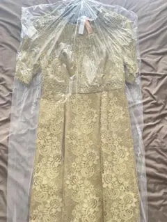 【クリーニング済】美品/オリーブカラー/マスタード　レース パーティードレス半袖