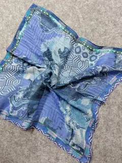 ETRO 青系 スカーフ 幾何学模様　シルク混　プチスカーフ未使用品