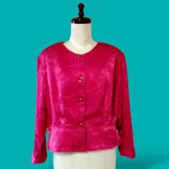 最終価格◎フューシャピンク♡花柄織り ノーカラージャケット レトロ古着 光沢