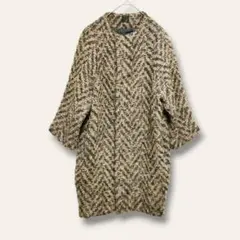 【ニトカ】ノーカラーコート　ヘリボーン　ベージュ　F　七分袖　ポケット　大人女子