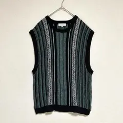 ビーミングバイビームス ジャカードニットベスト ストライプ柄 グリーン系 XL