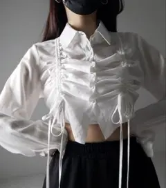 ダブルリボンシャーリングショートシアーシャツ　ホワイト