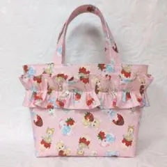 レトロアニマルといちご ピンク フリル付きミニトートバッグ ハンドメイド
