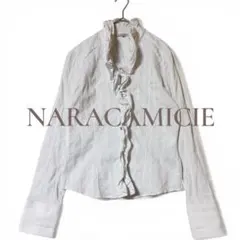NARACAMICIE フリル付き 長袖ブラウス L 白 シャツ ストレッチ